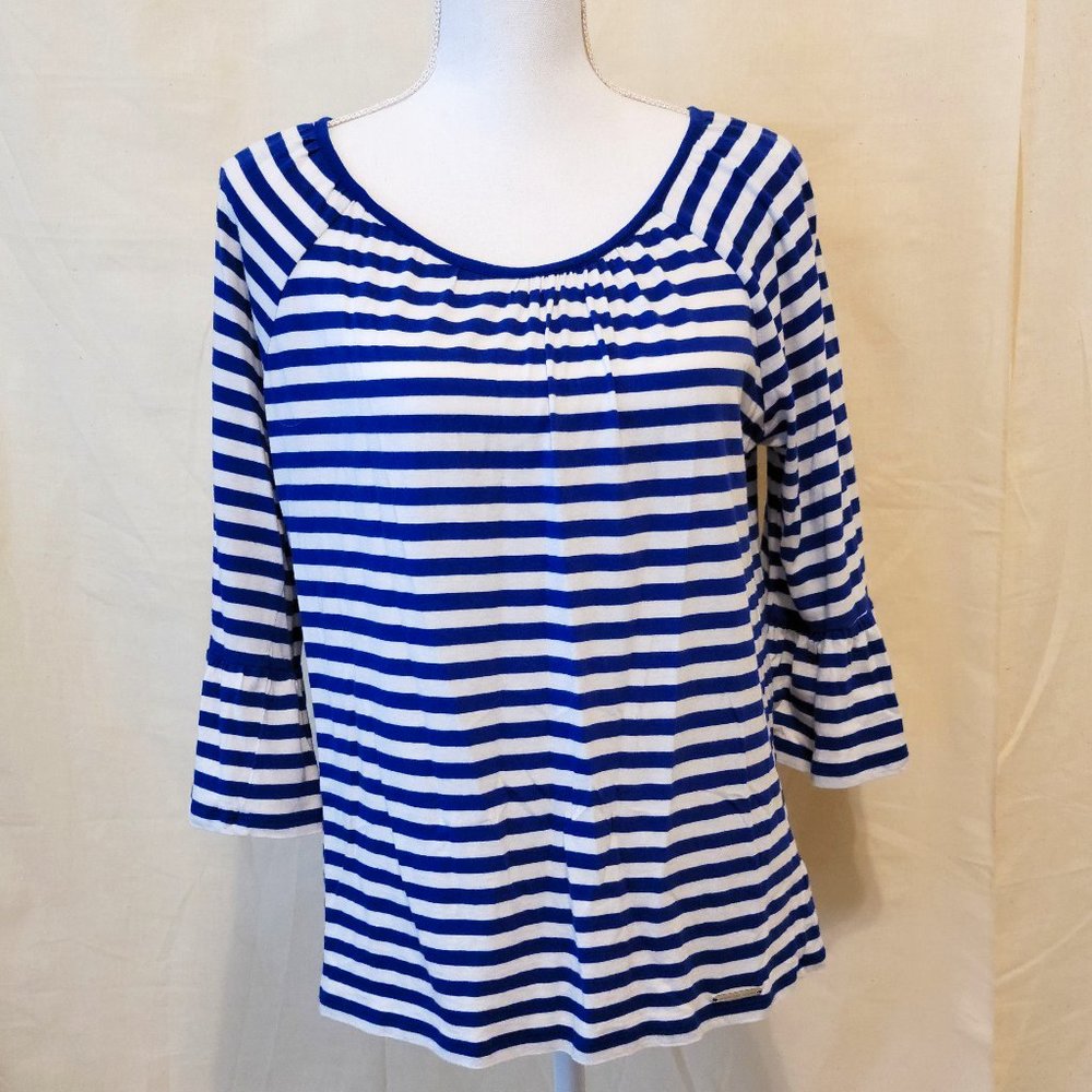 MICHAEL KORS Blouse Blue & White Striped with 3/4 Bell Sleeves